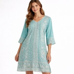 Bhattis Tailors Women Seafoam Blue Embroidered Kurti Tunic Silver Sequin V-Neck